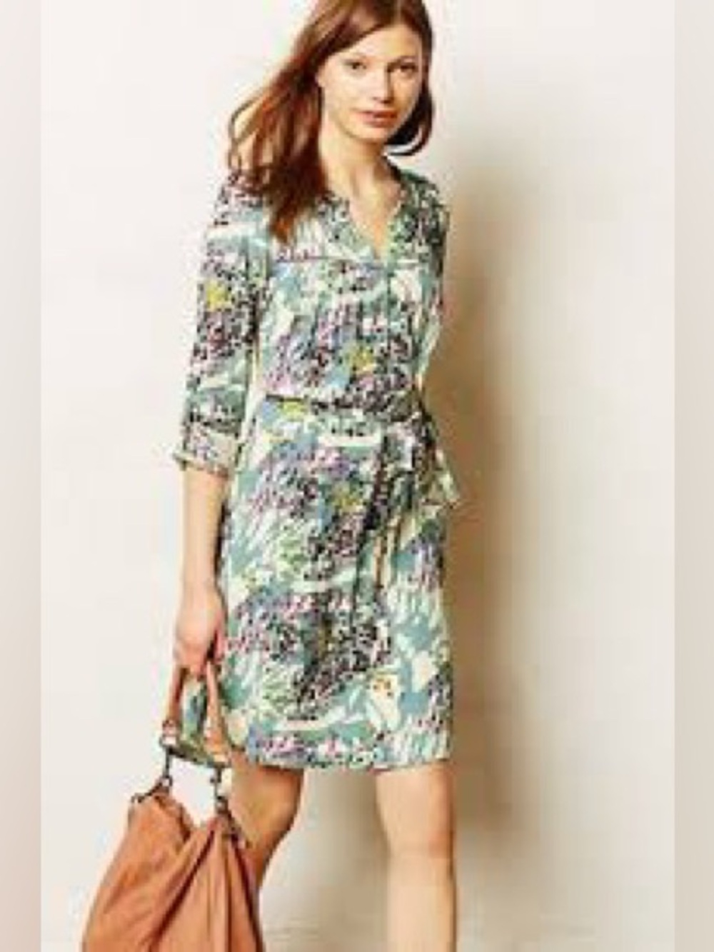 ANTHROPOLOGIE DOLAN LEFT COAST Green Floral Print Tie-Waist Long Sleeve Dress